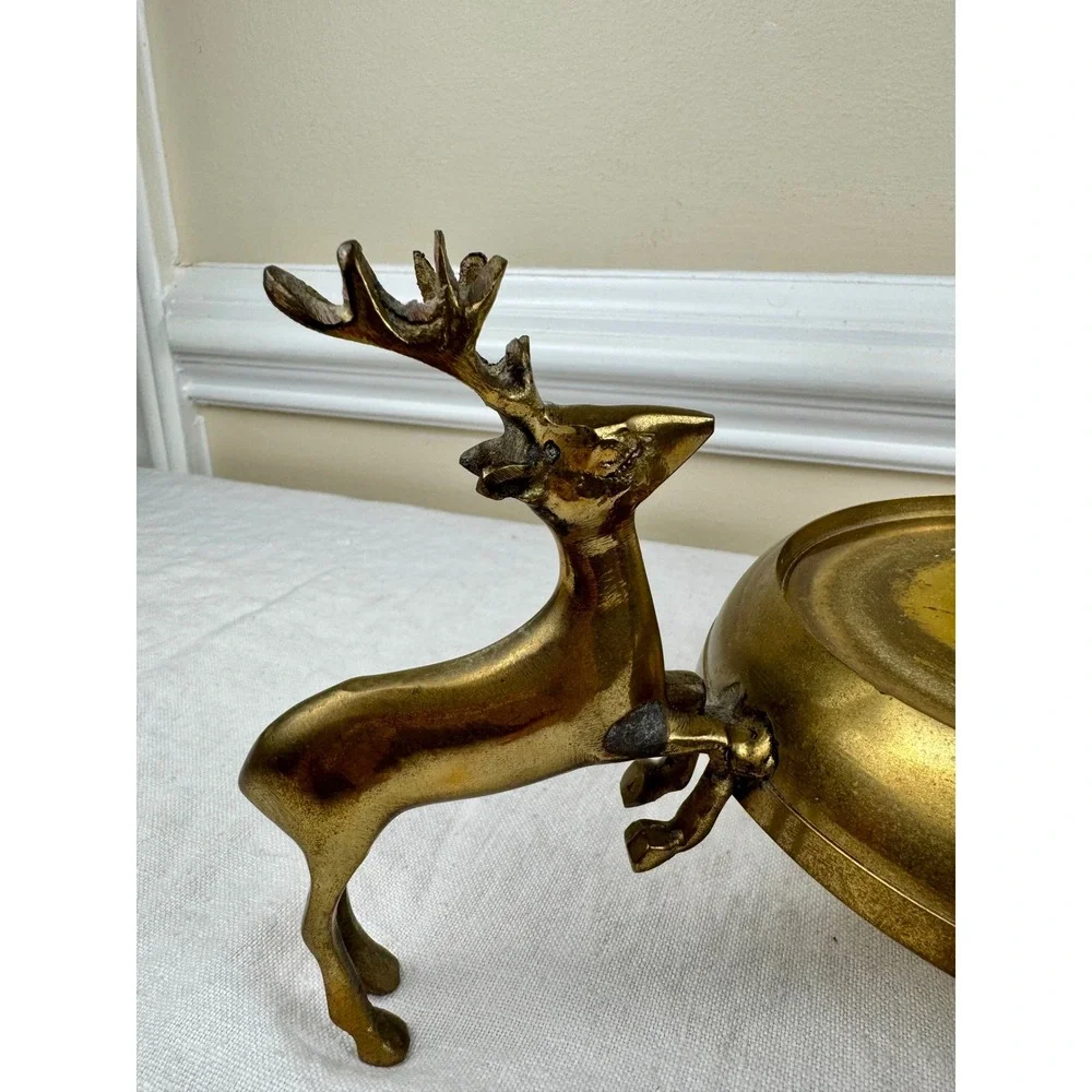Vintage Brass 3 Stag Deer Reindeer Pillar Candle Holder 10.5in w Cabincore Boho